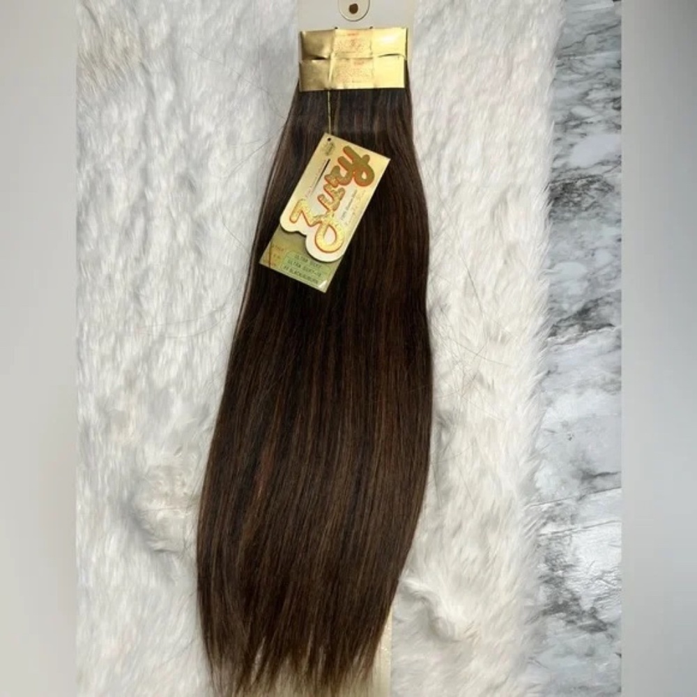 16 In brown #4 100% Human hair Extensions in Straight Hair - Micro yaki Perm